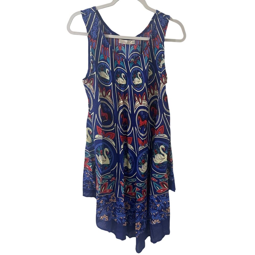 VTG Young USA Novelty Asymmetrical Dress Art Nouveau Swan Horse Equestrian OS